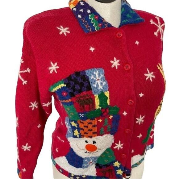 Design Options Phillip Jane Gordon Cardigan Holiday Snowman Patchwork Medium VTG - Picture 8 of 16